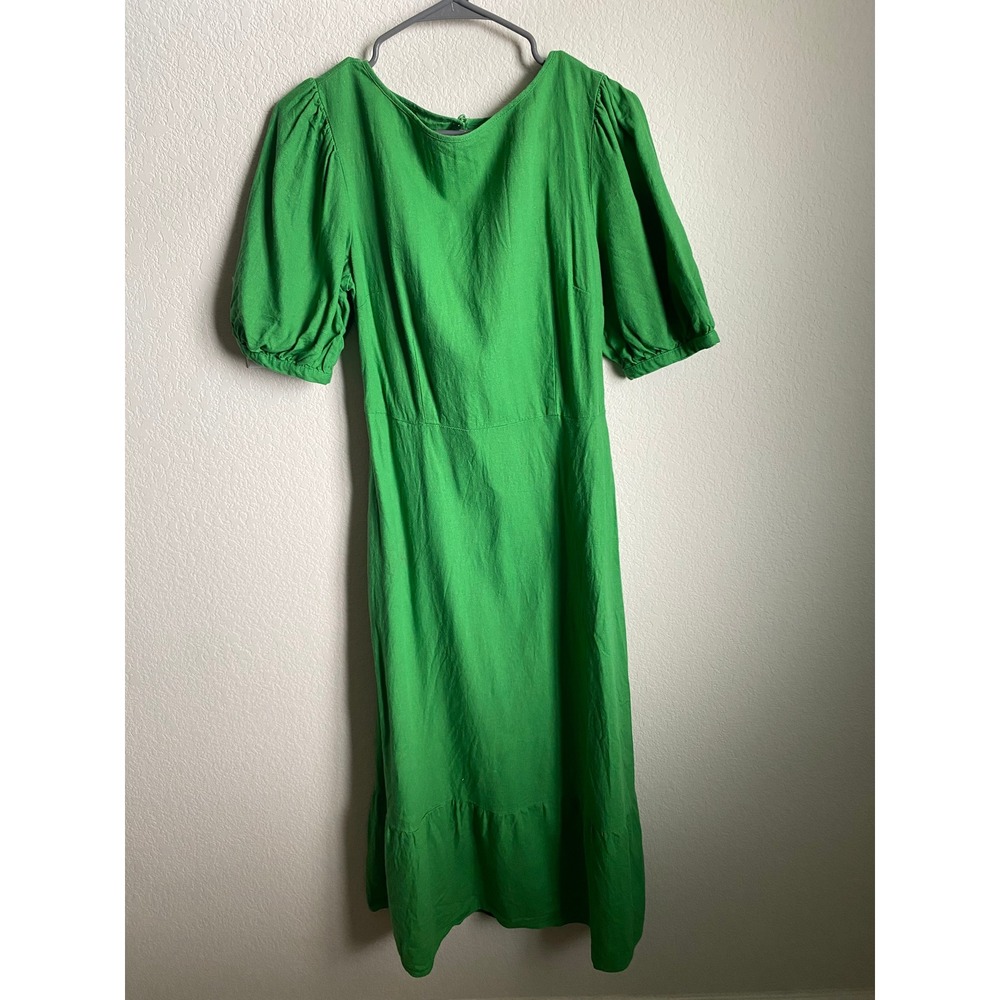 Who What Wear Women Green Linen Blend Tie Back Puff Sleeve Midi Dress Size S